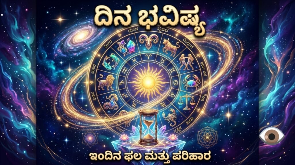 Daily horoscope Dina Bhavishya zodiac wheel astrology illustration in Kannada"