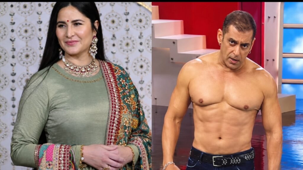 Salman Khan showing his six-pack abs on the Bigg Boss stage alongside an image of Katrina Kaif.